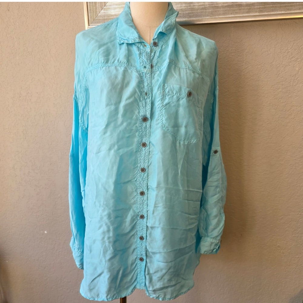 Johnny Was‎ Pete & Greta Women's 100% Silk Tunic Top Roll Tab Sky Blue Shirt Sm